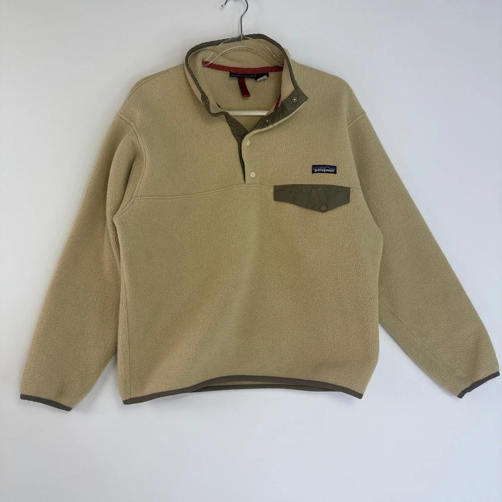 Patagonia Synchilla Snap-T Pullover Mens Small Tan Fleece Olive Green Trim 12536
